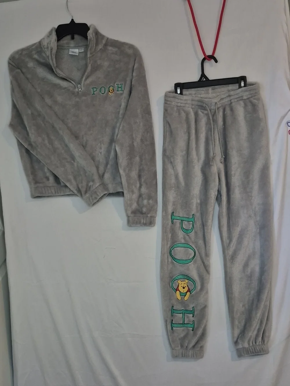 Disney Grey Plush Pooh Jogger Set with Green Embroidery